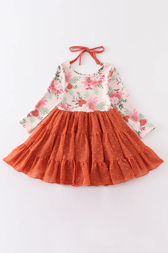 Girls Orange Floral Print Tiered Dress