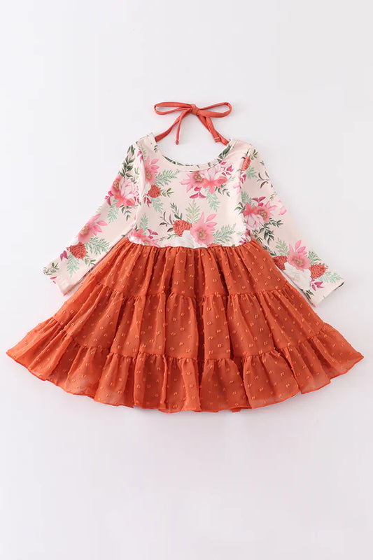 Girls Orange Floral Print Tiered Dress