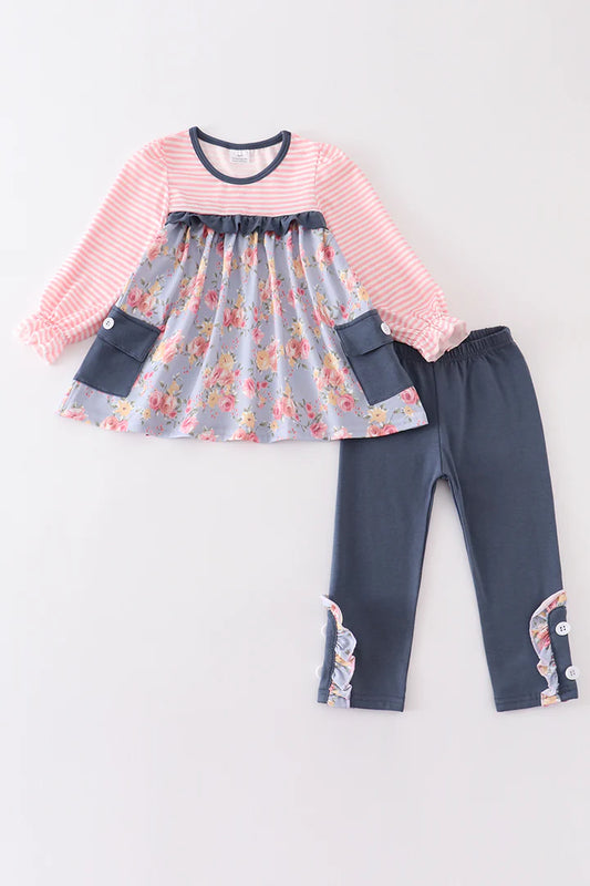 Girls Pants Set Pink Floral Print