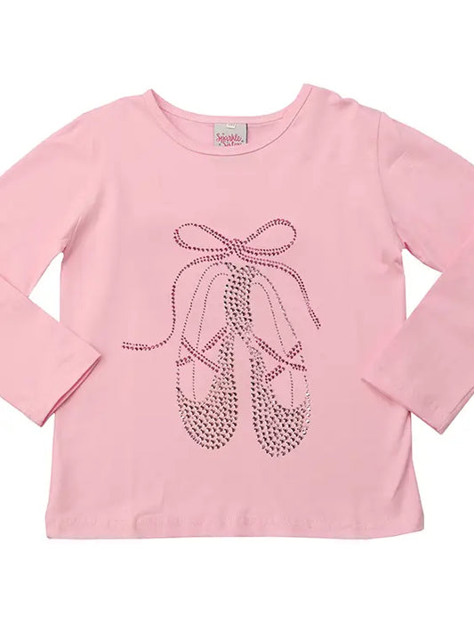 Last One: Girls Pink Studded Ballet Slippers On Long Sleeve Tee