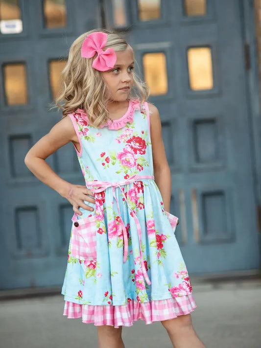 Girls Pink & Blue Floral Gingham Check Pocket Ruffle Dress