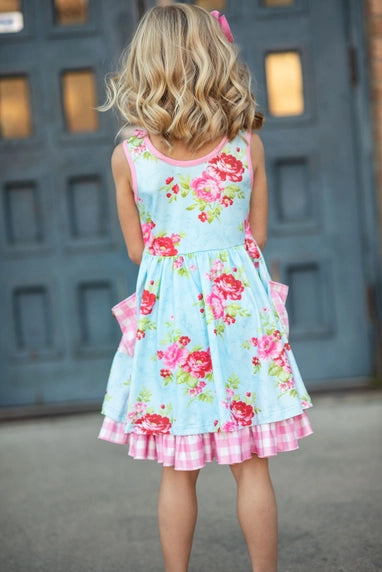 Girls Pink & Blue Floral Gingham Check Pocket Ruffle Dress