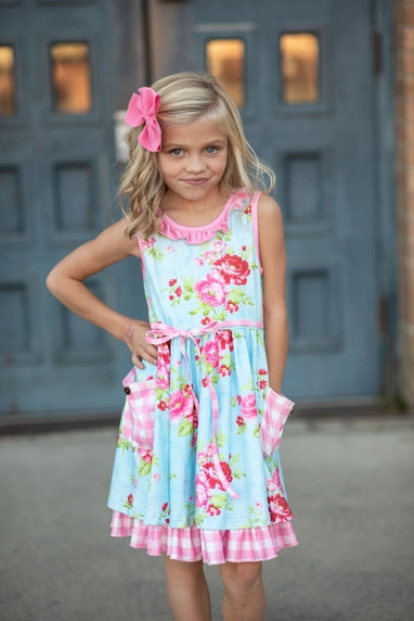 Girls Pink & Blue Floral Gingham Check Pocket Ruffle Dress