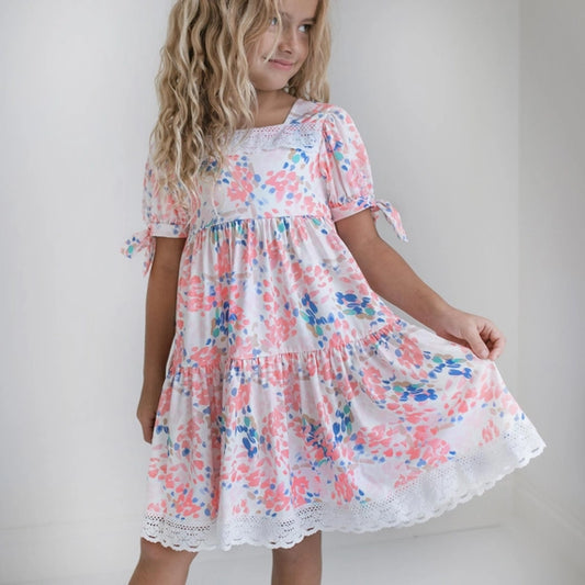 Girls Pink & Blue Lace Square Neck Dress