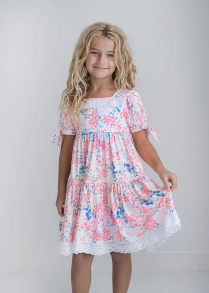 Girls Pink & Blue Lace Square Neck Dress