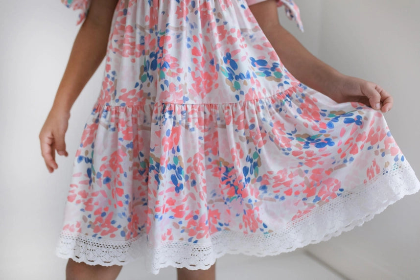 Girls Pink & Blue Lace Square Neck Dress