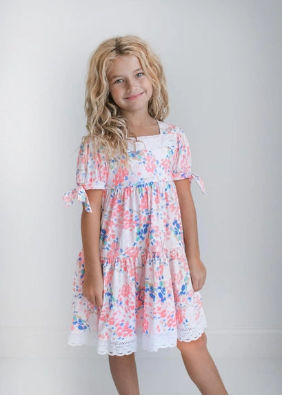 Girls Pink & Blue Lace Square Neck Dress