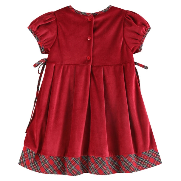 Girls Red Velour and Christmas Plaid Bow Dress