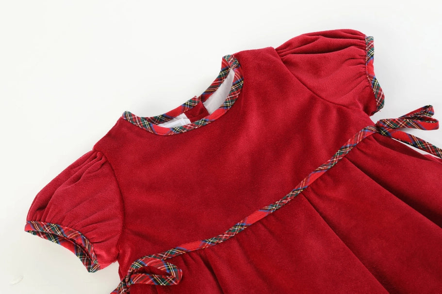 Girls Red Velour and Christmas Plaid Bow Dress