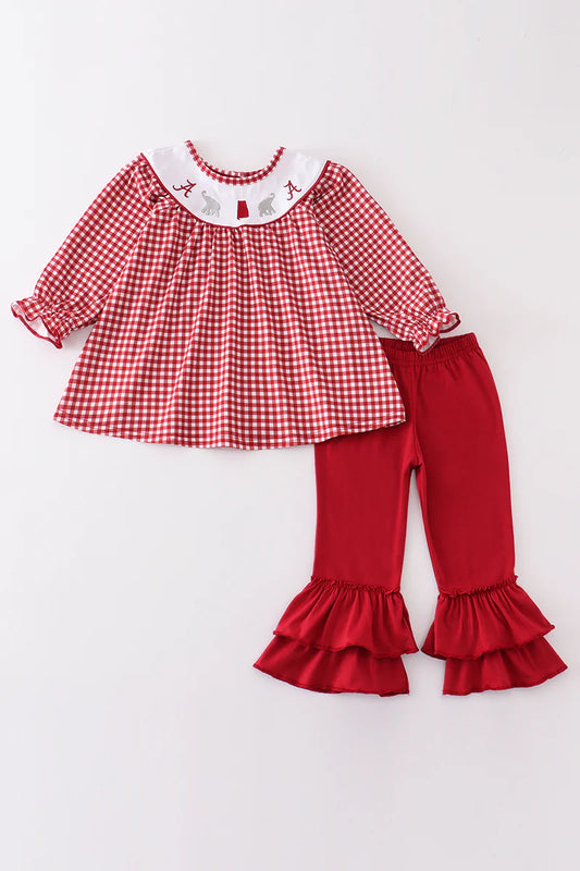 Girls Pants Set Red Plaid Alabama Embroidered Girl Pant Set