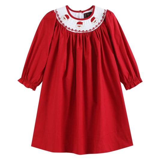 Christmas Red Poplin Santa Long Sleeve Smocked Bishop Dress