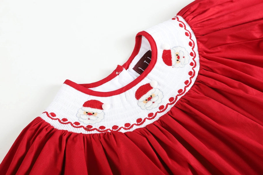 Christmas Red Poplin Santa Long Sleeve Smocked Bishop Dress