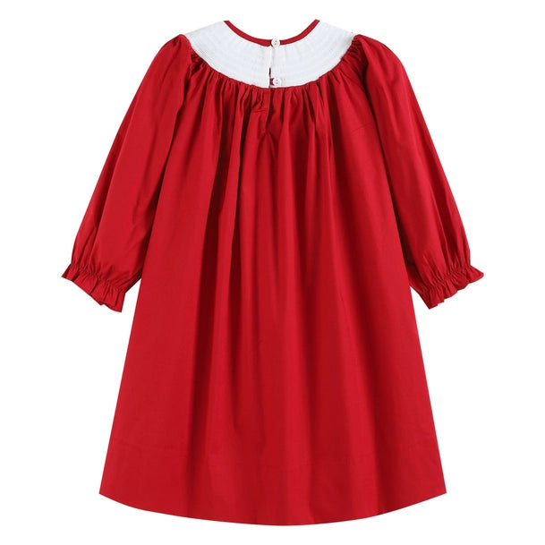 Christmas Red Poplin Santa Long Sleeve Smocked Bishop Dress