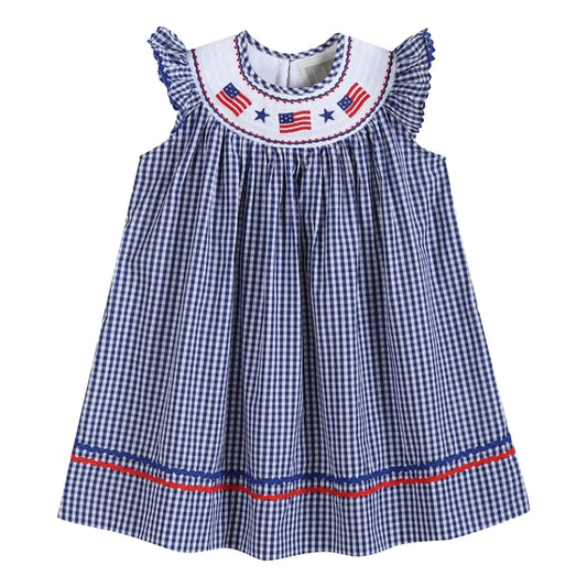 Last One: Girls Royal Blue Gingham American Flag Smocked Bishop Dress