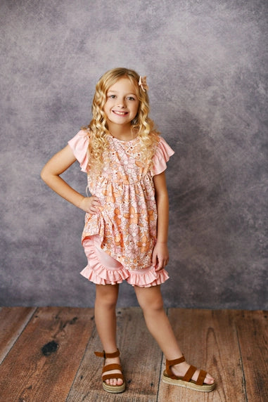 Girls Blush Retro Flower Power Ruffle Short Set