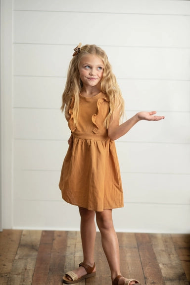 Girls Rust Ruffle Back Button Dress