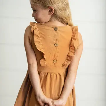 Girls Rust Ruffle Back Button Dress