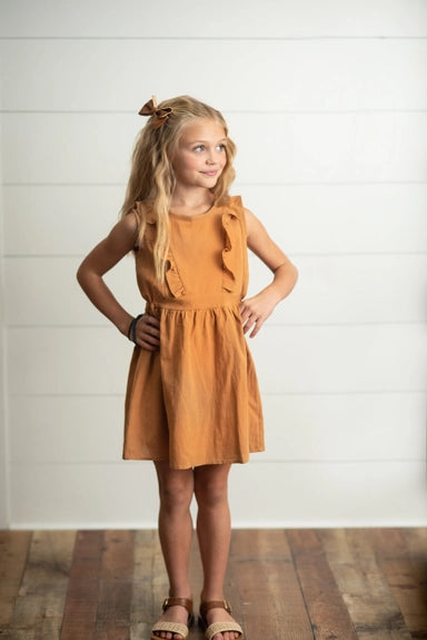 Girls Rust Ruffle Back Button Dress