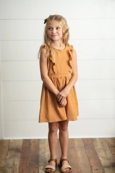 Girls Rust Ruffle Back Button Dress