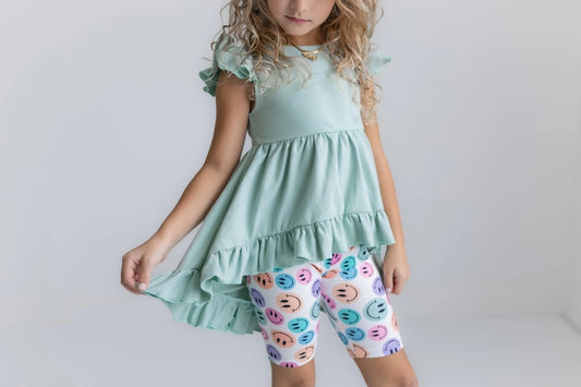 Last One: Girls Mint Green Smiley Face Hi Lo Spring Summer Short Set