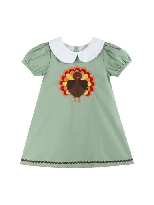 Girls Sage Green Turkey Collared Dress