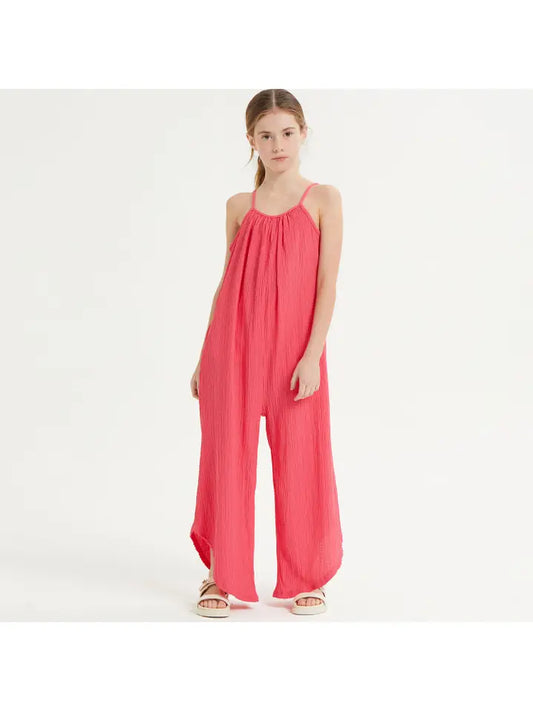 Girls-Tween-Asymmetrical Hem Crinkle Texture Jumpsuit /Overall