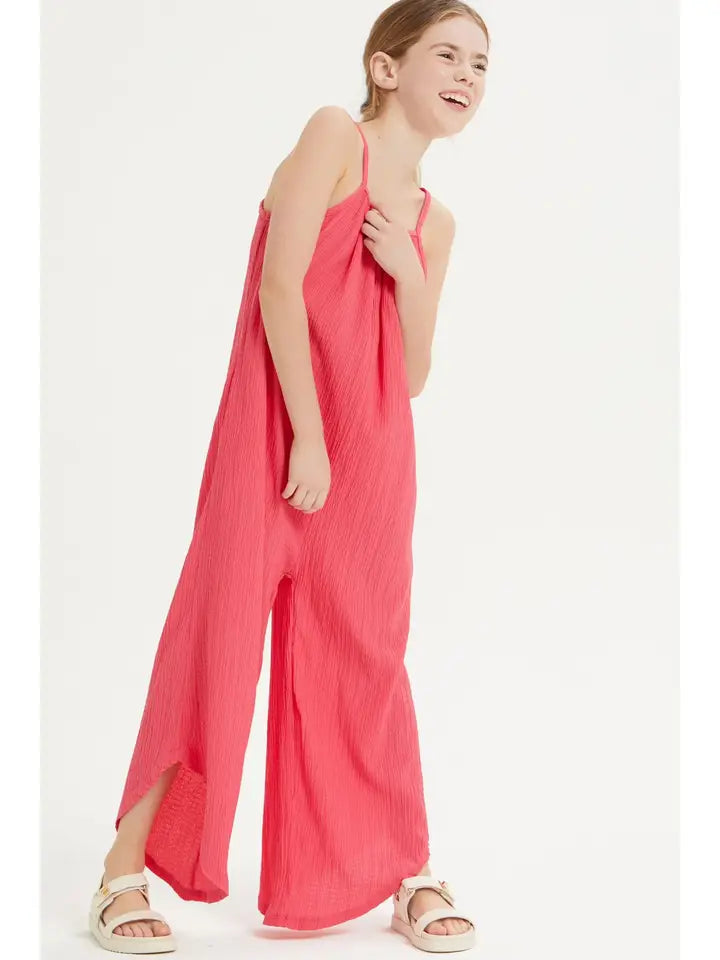 Girls-Tween-Asymmetrical Hem Crinkle Texture Jumpsuit /Overall