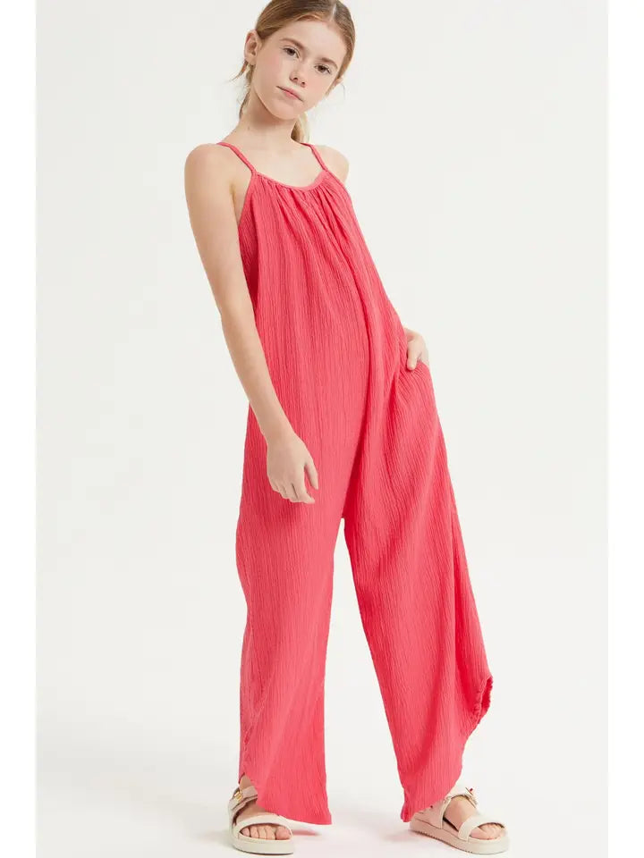 Girls-Tween-Asymmetrical Hem Crinkle Texture Jumpsuit /Overall