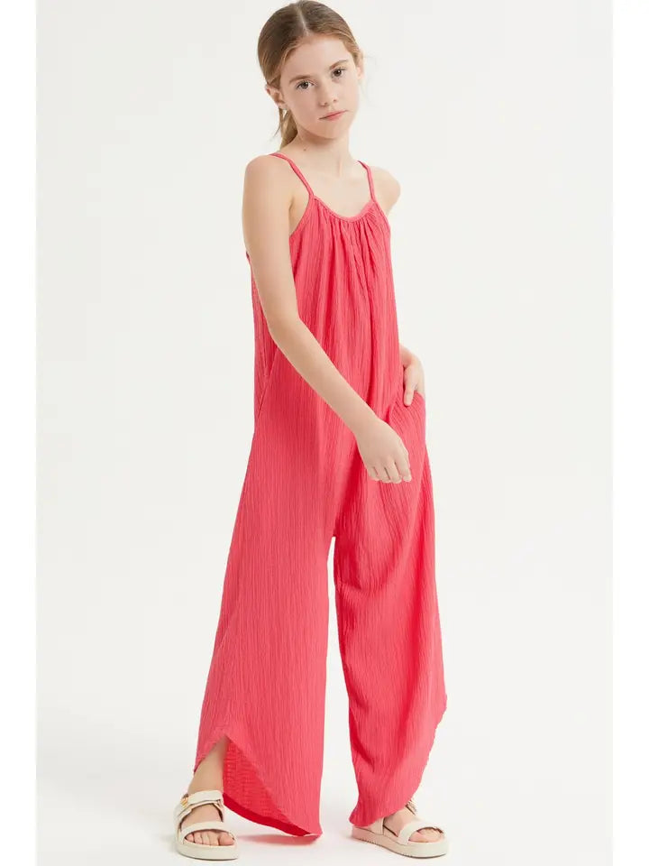 Girls-Tween-Asymmetrical Hem Crinkle Texture Jumpsuit /Overall