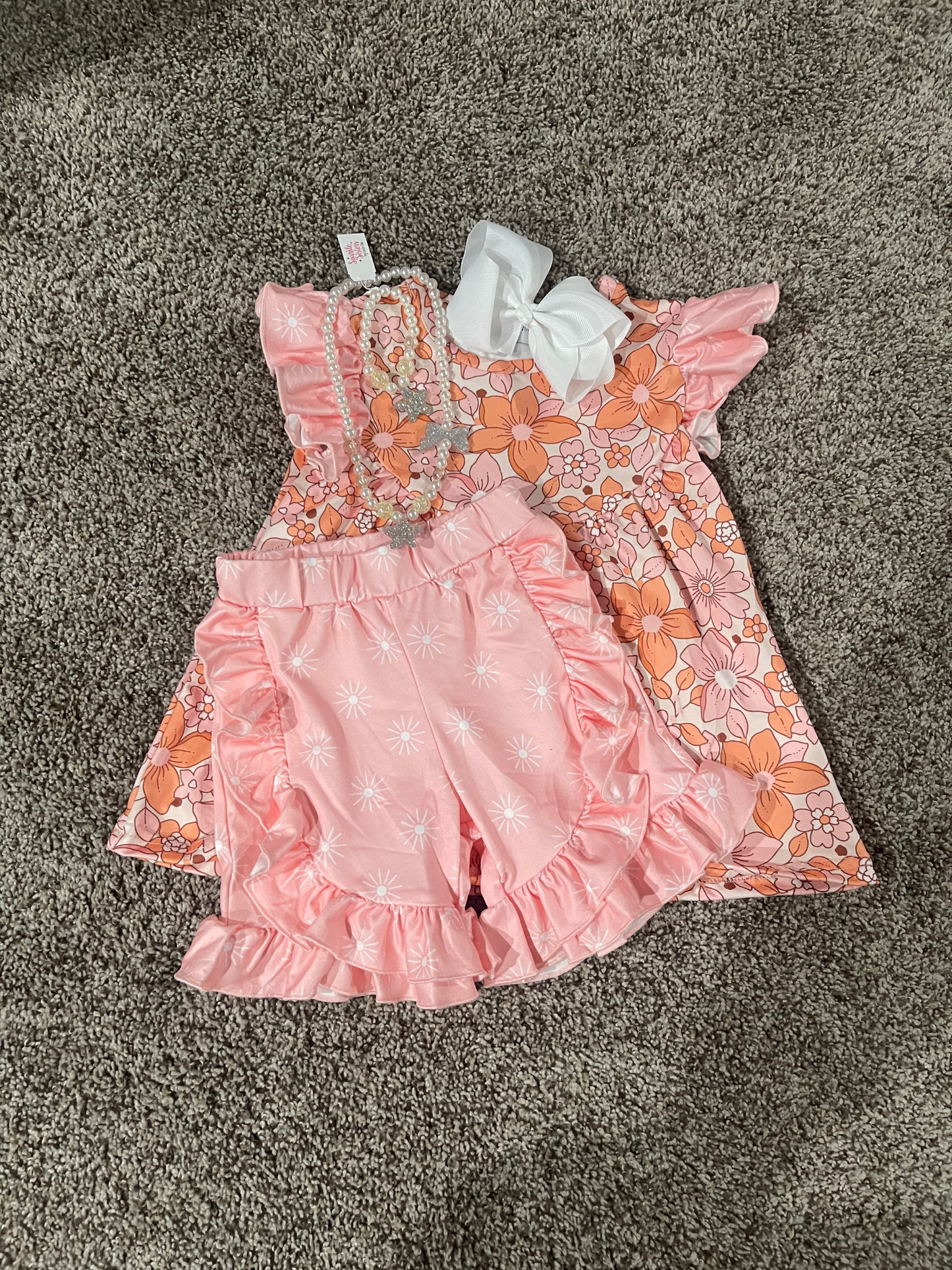 Girls Blush Retro Flower Power Ruffle Short Set