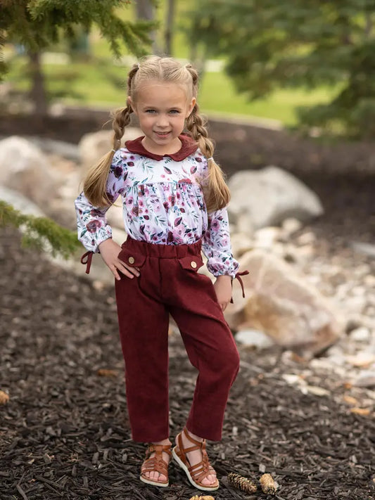 Girls Wine Burgundy Corduroy Pocket Bow Winter Pant Set