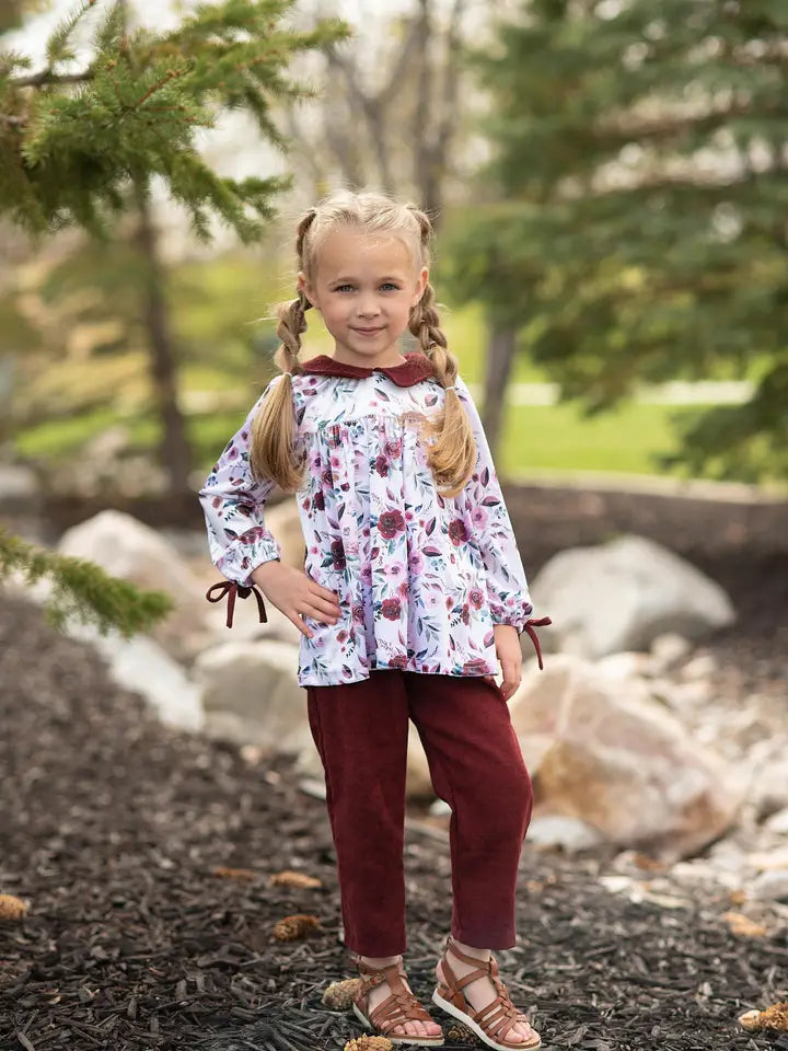 Girls Wine Burgundy Corduroy Pocket Bow Winter Pant Set