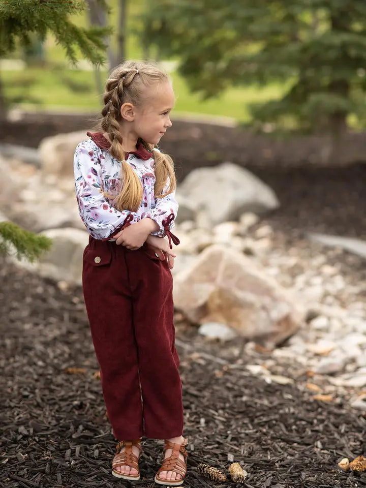 Girls Wine Burgundy Corduroy Pocket Bow Winter Pant Set