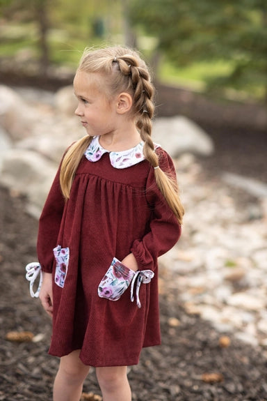 Girls Wine Burgundy Corduroy Pocket Bow Winter Dress