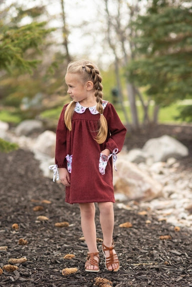 Girls Wine Burgundy Corduroy Pocket Bow Winter Dress