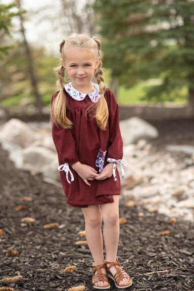 Girls Wine Burgundy Corduroy Pocket Bow Winter Dress