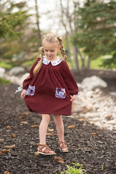 Girls Wine Burgundy Corduroy Pocket Bow Winter Dress