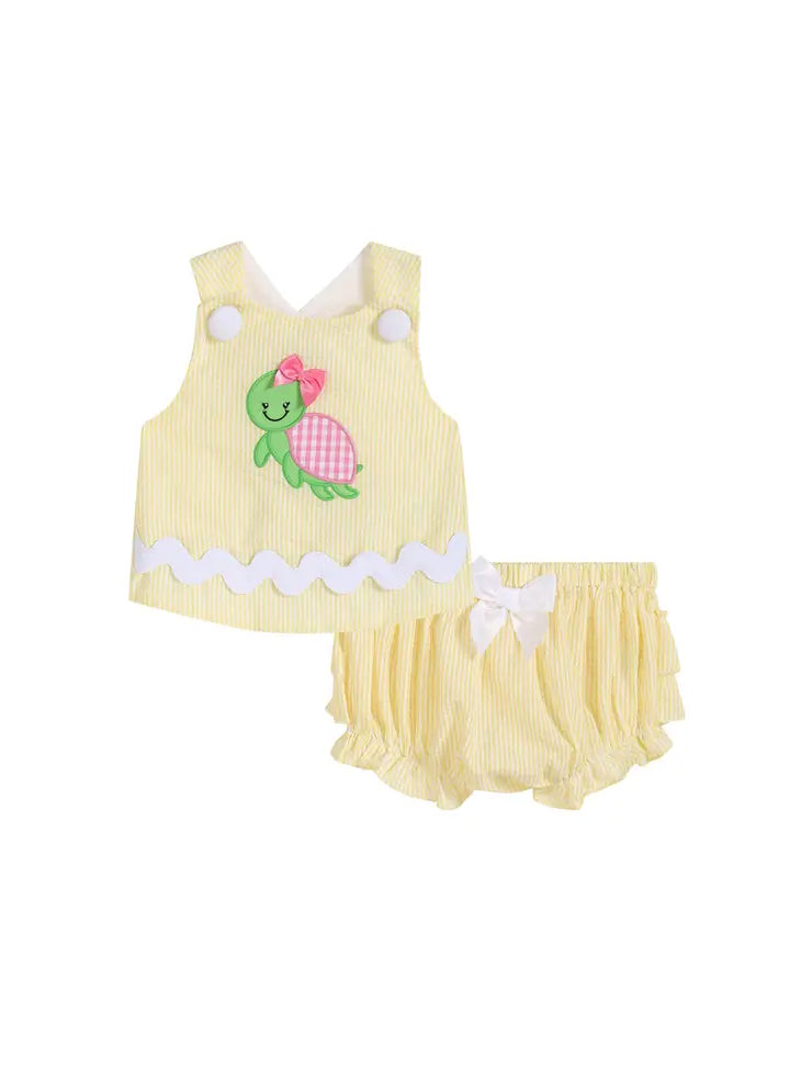 Girls Baby Bloomer Set Yellow Seersucker Turtle 2 Piece Set