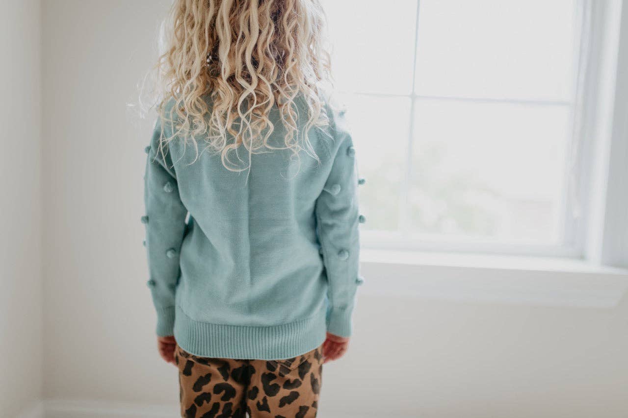 Kids Teal Pom Pom Fall Winter Crew Neck Sweater