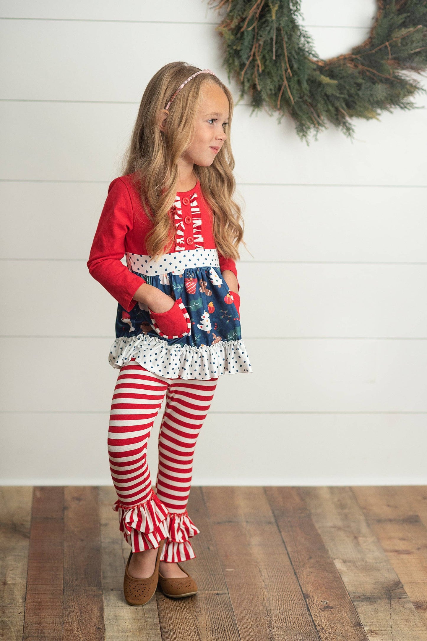 Kids Christmas Holiday Candy Can Stripe Ruffle Pocket Set