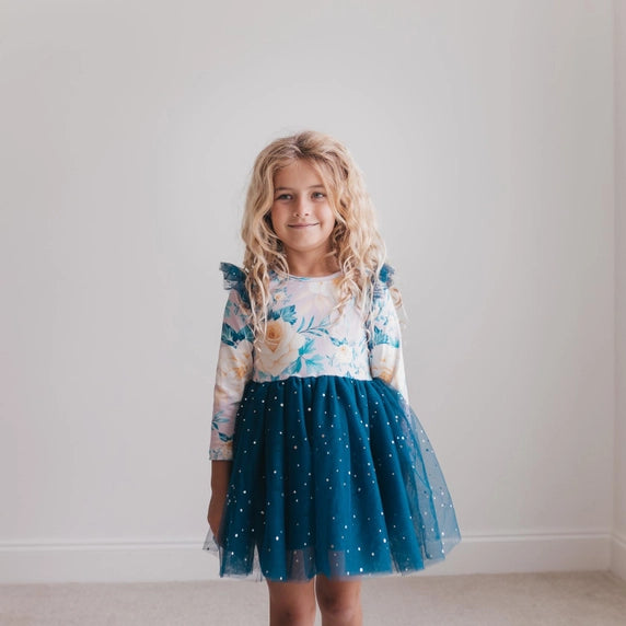 Last One: Girls Blue Floral Sparkle Tutu Dress