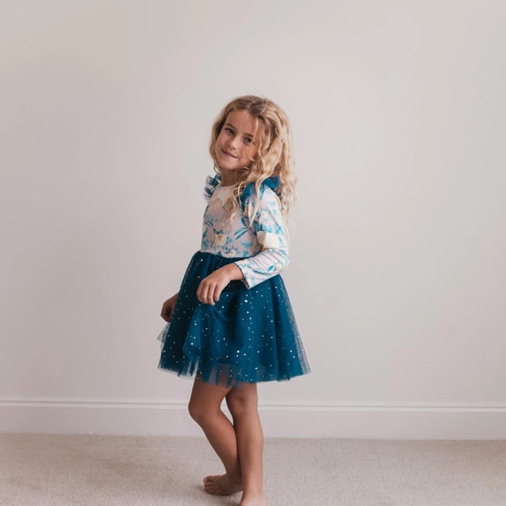 Last One: Girls Blue Floral Sparkle Tutu Dress