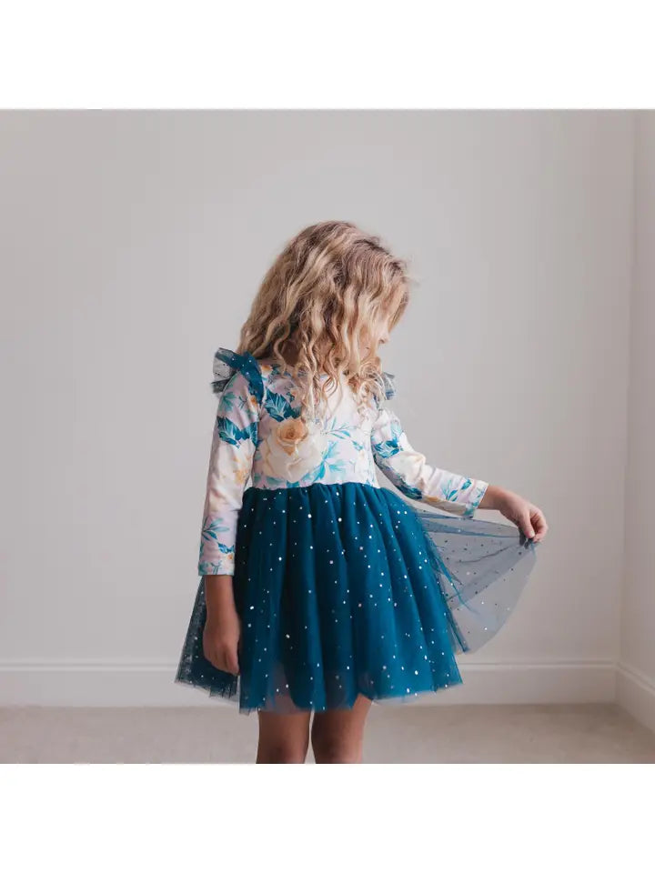 Last One: Girls Blue Floral Sparkle Tutu Dress