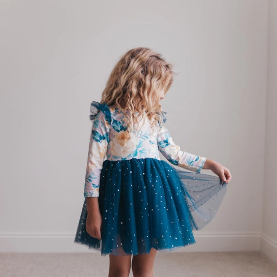 Last One: Girls Blue Floral Sparkle Tutu Dress