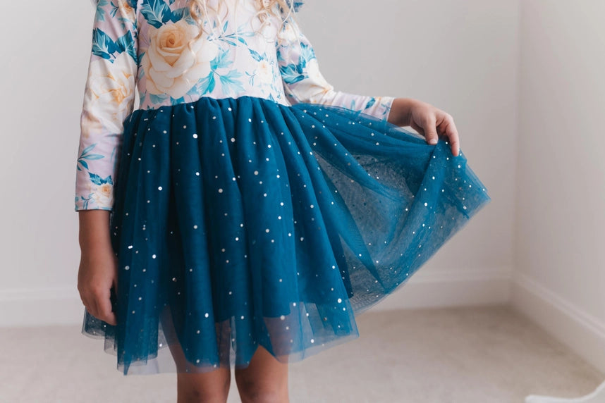 Last One: Girls Blue Floral Sparkle Tutu Dress