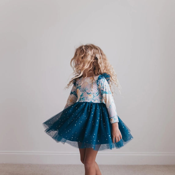 Last One: Girls Blue Floral Sparkle Tutu Dress