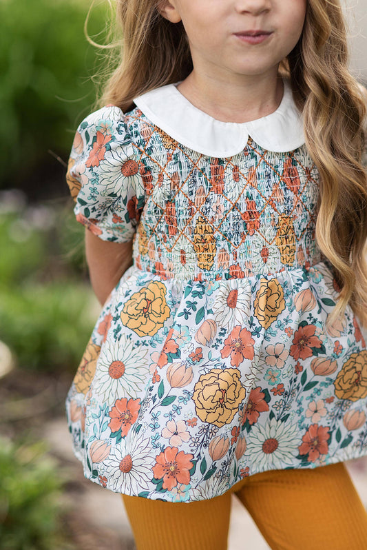 Last One: Girls Mustard Vintage Floral Smocked Two Piece Set