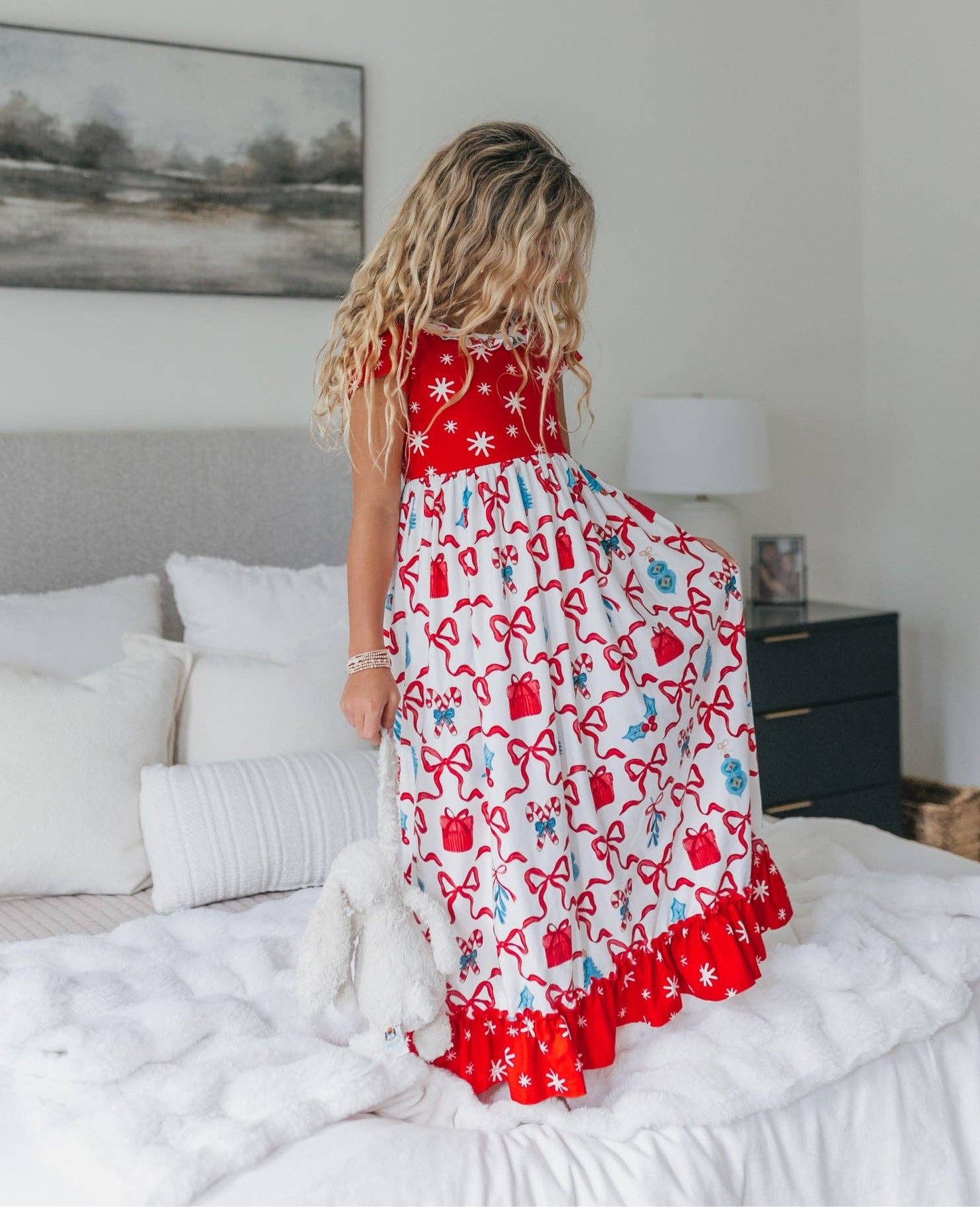 Kids Red Christmas Bow Holiday Ruffle Lounge Play Gown