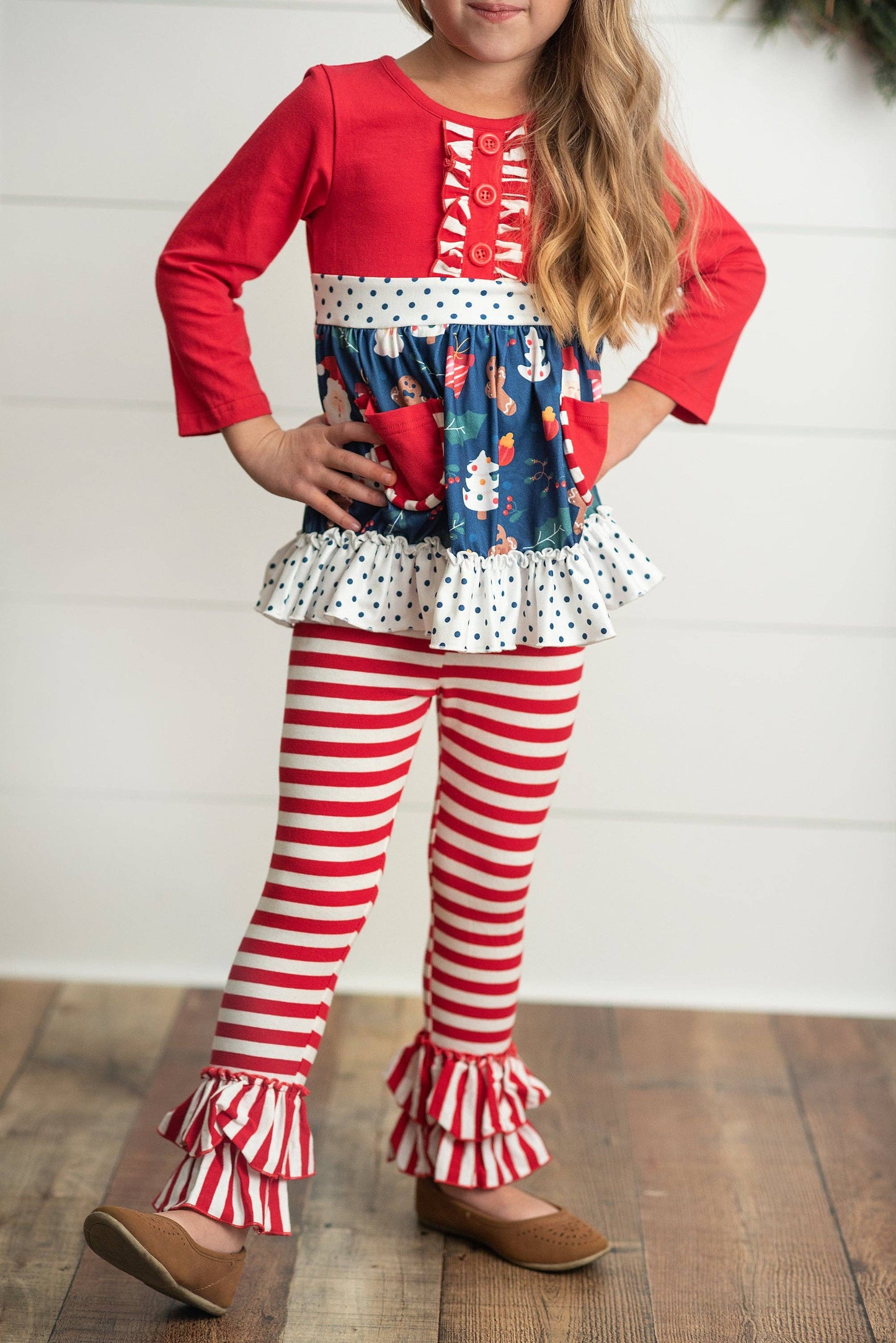 Kids Christmas Holiday Candy Can Stripe Ruffle Pocket Set