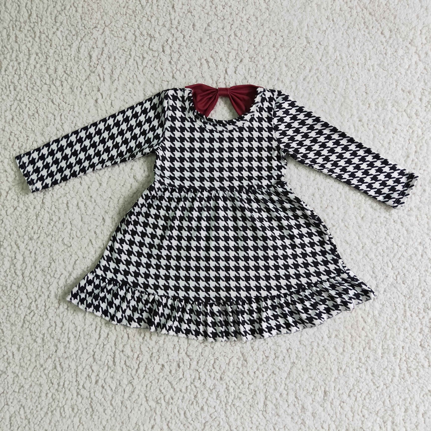 Houndstooth long sleeves baby girls ruffle dresses